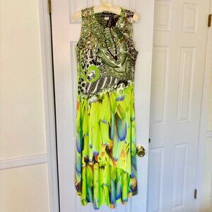 Pyramid Collection Peacock Print Hi-Lo Stretch Dress/Tunic Rhinestones Lace Sz L